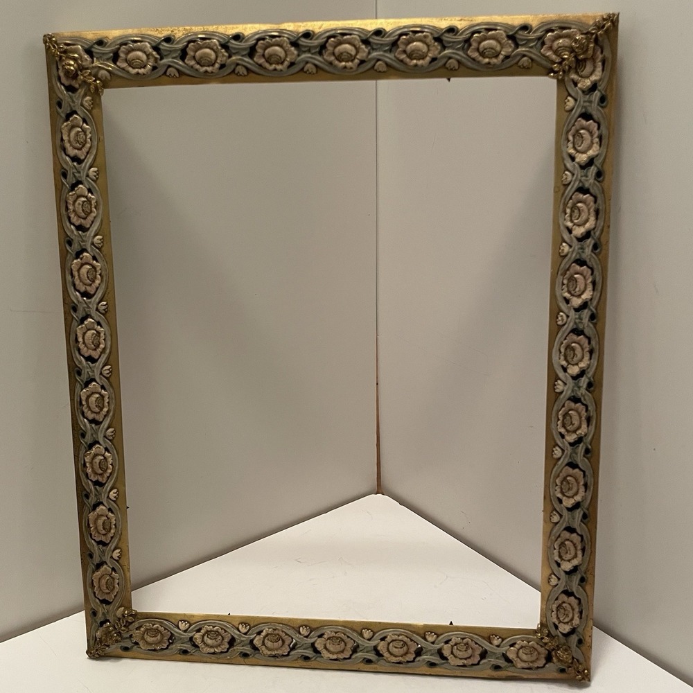 Vntg Italian Florentine Gilt Brass Frame 8 X 10 Ornate Enamel Roses Filigree